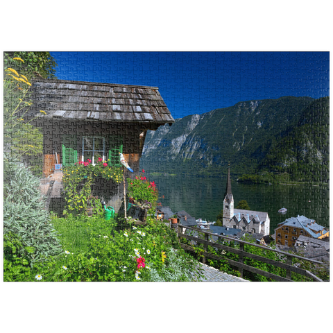 puzzleplate Alte Hütte mit Blick auf Hallstatt am Hallstättersee 1000 Puzzle