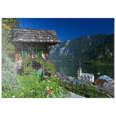 puzzleplate Alte Hütte mit Blick auf Hallstatt am Hallstättersee 100 Puzzle