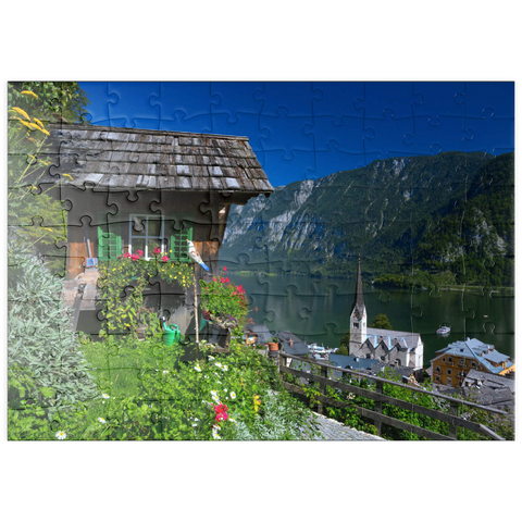 puzzleplate Alte Hütte mit Blick auf Hallstatt am Hallstättersee 100 Puzzle