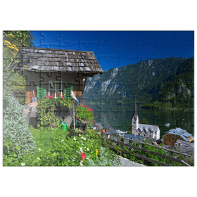 Darstellung des Puzzle Motivs Alte Hütte mit Blick auf Hallstatt am Hallstättersee - Puzzleteile: 100