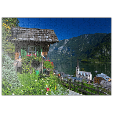 puzzleplate Alte Hütte mit Blick auf Hallstatt am Hallstättersee 200 Puzzle