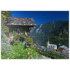 Darstellung des Puzzle-Motivs Alte Hütte mit Blick auf Hallstatt am Hallstättersee – Puzzleteile: 500