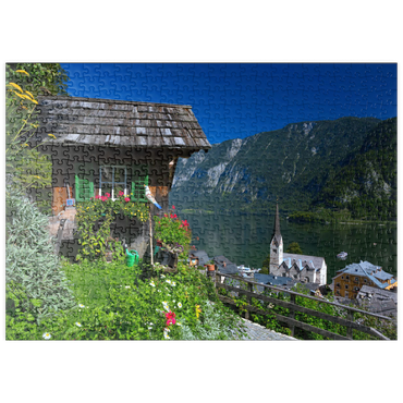 puzzleplate Alte Hütte mit Blick auf Hallstatt am Hallstättersee 500 Puzzle