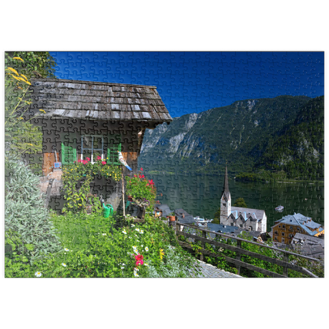 puzzleplate Alte Hütte mit Blick auf Hallstatt am Hallstättersee 500 Puzzle