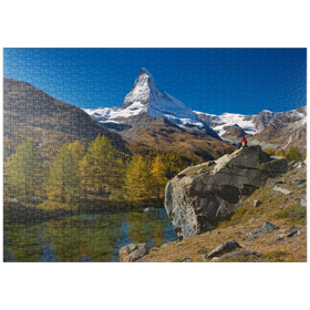 Darstellung des Puzzle-Motivs Grindjisee (2334 m) mit Blick auf das Matterhorn (4478 m) bei Zermatt (1620 m) – Puzzleteile: 1000