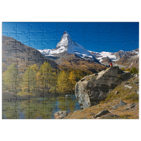 Darstellung des Puzzle Motivs Grindjisee (2334 m) mit Blick auf das Matterhorn (4478 m) bei Zermatt (1620 m) - Puzzleteile: 100
