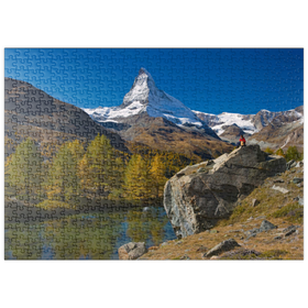 Darstellung des Puzzle Motivs Grindjisee (2334 m) mit Blick auf das Matterhorn (4478 m) bei Zermatt (1620 m) - Puzzleteile: 500