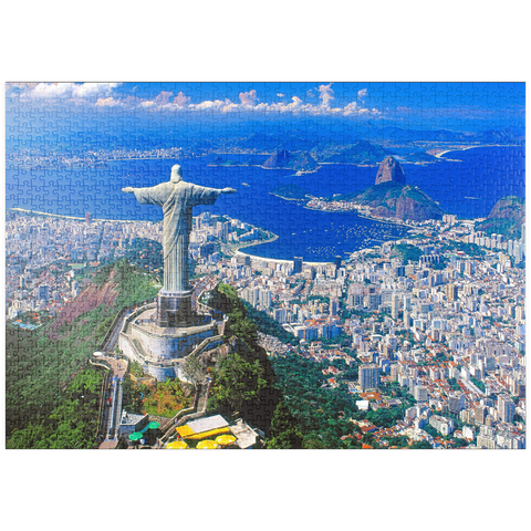 puzzleplate Blick auf Corcovado mit Christusstatue und Zuckerhut (404m), Rio de Janeiro, Brasilien 1000 Puzzle