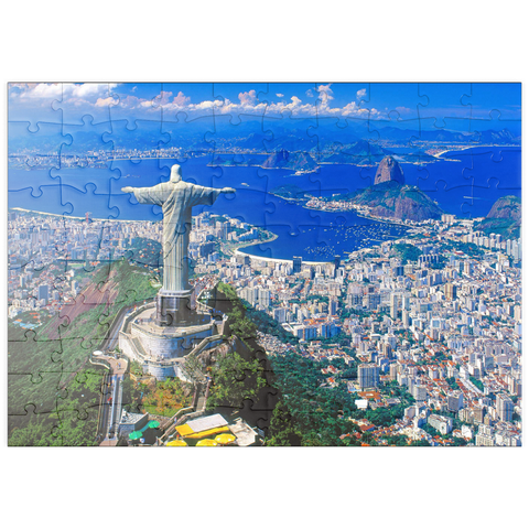 puzzleplate Blick auf Corcovado mit Christusstatue und Zuckerhut (404m), Rio de Janeiro, Brasilien 100 Puzzle
