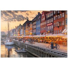 Darstellung des Puzzle-Motivs Abendstimmung am Stichkanal Nyhavn im Stadtteil Frederiksstaden – Puzzleteile: 1000