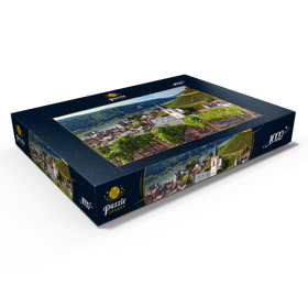 Darstellung des Puzzle Motivs Blick über den Ort mit der Heilig Kreuz Kirche zur Burg Rheinstein am Rhein, Rheintal - Puzzleteile: 1000
