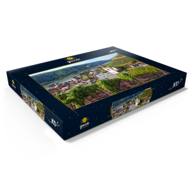 Darstellung des Puzzle Motivs Blick über den Ort mit der Heilig Kreuz Kirche zur Burg Rheinstein am Rhein, Rheintal - Puzzleteile: 100