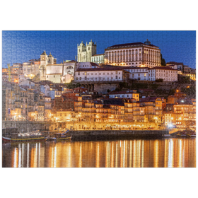Darstellung des Puzzle Motivs Fluss Douro mit Blick zur Altstadt Ribeira mit der Kathedrale Se von Porto - Puzzleteile: 1000