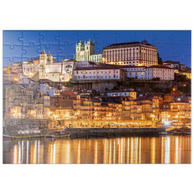 Darstellung des Puzzle Motivs Fluss Douro mit Blick zur Altstadt Ribeira mit der Kathedrale Se von Porto - Puzzleteile: 100
