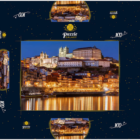 Fluss Douro mit Blick zur Altstadt Ribeira mit der Kathedrale Se von Porto 100 Puzzle Schachtel 3D Modell