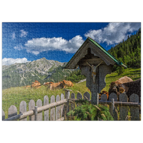 Darstellung des Puzzle Motivs Kreuz an der Fischbachalm (1402m) gegen Soierngruppe, Oberbayern - Puzzleteile: 500