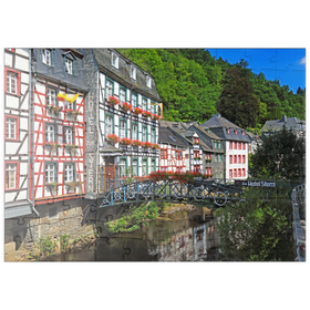 Darstellung des Puzzle Motivs Fachwerkhäuser an der Rur, Monschau - Puzzleteile: 100