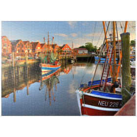 Darstellung des Puzzle Motivs Fischerhafen mit Krabbenkuttern im Abendlicht, Neuharlingersiel, Ostfriesland - Puzzleteile: 1000