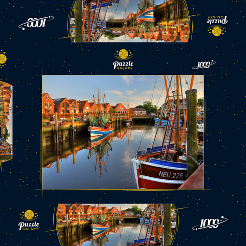 Fischerhafen mit Krabbenkuttern im Abendlicht, Neuharlingersiel, Ostfriesland 1000 Puzzle Schachtel 3D Modell