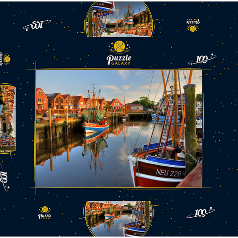 Fischerhafen mit Krabbenkuttern im Abendlicht, Neuharlingersiel, Ostfriesland 100 Puzzle Schachtel 3D Modell