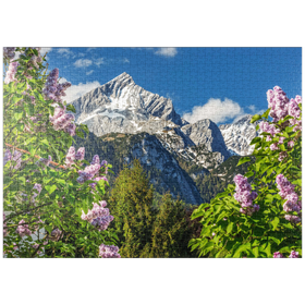 Darstellung des Puzzle-Motivs Alpspitze mit blühendem Flieder, Garmisch-Partenkirchen, Oberbayern – Puzzleteile: 1000