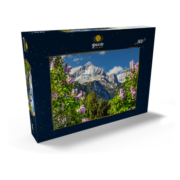 Alpspitze (2628m) mit blühendem Flieder, Garmisch-Partenkirchen, Oberbayern, Bayern, Deutschland 500 Puzzle Schachtel Ansicht2