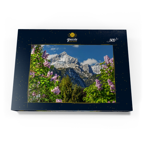 Alpspitze (2628m) mit blühendem Flieder, Garmisch-Partenkirchen, Oberbayern, Bayern, Deutschland 500 Puzzle Schachtel Ansicht3