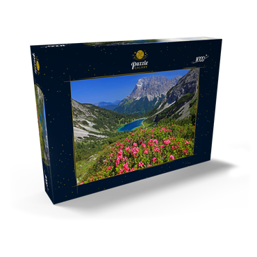 Blühende Alpenrosen bei der Coburger Hütte gegen Seebensee (1657m) und Zugspitzgruppe (2962m) bei Ehrwald 1000 Puzzle Schachtel Ansicht2