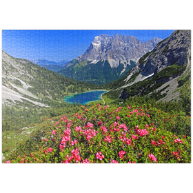 Darstellung des Puzzle-Motivs Blühende Alpenrosen bei der Coburger Hütte gegen Seebensee und Zugspitzgruppe – Puzzleteile: 1000