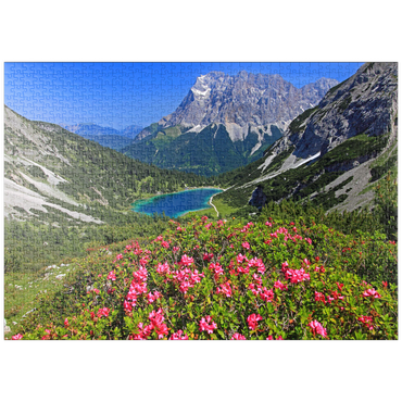 puzzleplate Blühende Alpenrosen bei der Coburger Hütte gegen Seebensee (1657m) und Zugspitzgruppe (2962m) bei Ehrwald 1000 Puzzle