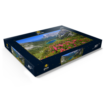Blühende Alpenrosen bei der Coburger Hütte gegen Seebensee (1657m) und Zugspitzgruppe (2962m) bei Ehrwald 100 Puzzle Schachtel Ansicht1