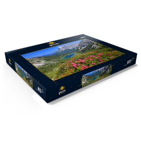 Darstellung des Puzzle Motivs Blühende Alpenrosen bei der Coburger Hütte gegen Seebensee und Zugspitzgruppe - Puzzleteile: 100