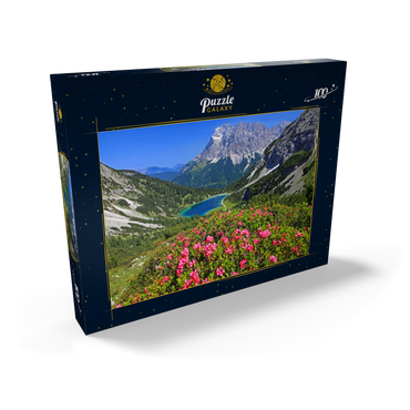 Blühende Alpenrosen bei der Coburger Hütte gegen Seebensee (1657m) und Zugspitzgruppe (2962m) bei Ehrwald 100 Puzzle Schachtel Ansicht2
