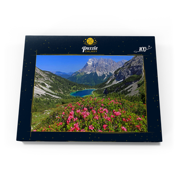 Blühende Alpenrosen bei der Coburger Hütte gegen Seebensee (1657m) und Zugspitzgruppe (2962m) bei Ehrwald 100 Puzzle Schachtel Ansicht3