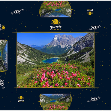 Blühende Alpenrosen bei der Coburger Hütte gegen Seebensee (1657m) und Zugspitzgruppe (2962m) bei Ehrwald 200 Puzzle Schachtel 3D Modell