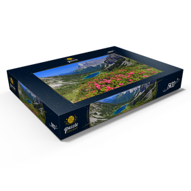 Darstellung des Puzzle Motivs Blühende Alpenrosen bei der Coburger Hütte gegen Seebensee und Zugspitzgruppe - Puzzleteile: 500