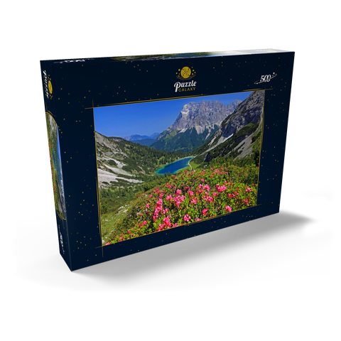 Blühende Alpenrosen bei der Coburger Hütte gegen Seebensee (1657m) und Zugspitzgruppe (2962m) bei Ehrwald 500 Puzzle Schachtel Ansicht2