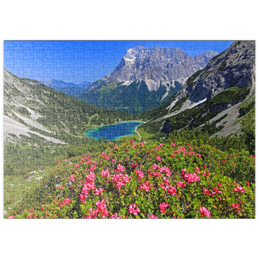 puzzleplate Blühende Alpenrosen bei der Coburger Hütte gegen Seebensee (1657m) und Zugspitzgruppe (2962m) bei Ehrwald 500 Puzzle