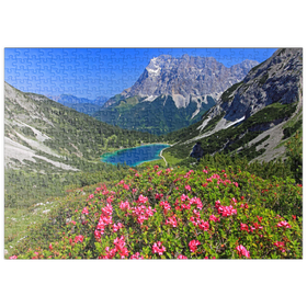Darstellung des Puzzle Motivs Blühende Alpenrosen bei der Coburger Hütte gegen Seebensee und Zugspitzgruppe - Puzzleteile: 500