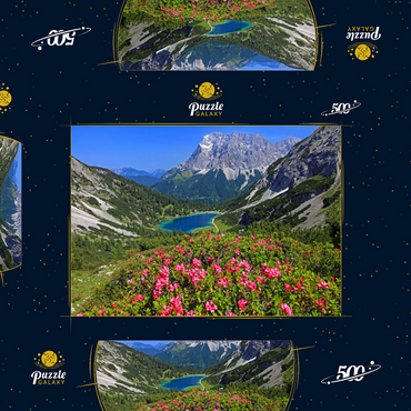 Blühende Alpenrosen bei der Coburger Hütte gegen Seebensee (1657m) und Zugspitzgruppe (2962m) bei Ehrwald 500 Puzzle Schachtel 3D Modell