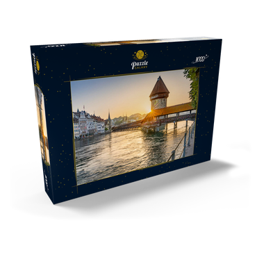 Kapellbrücke über die Reuss mit Wasserturm im Sonnenaufgang, Luzern, Kanton Luzern, Schweiz 1000 Puzzle Schachtel Ansicht2