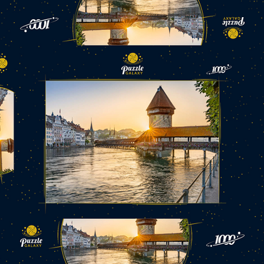 Kapellbrücke über die Reuss mit Wasserturm im Sonnenaufgang, Luzern, Kanton Luzern, Schweiz 1000 Puzzle Schachtel 3D Modell
