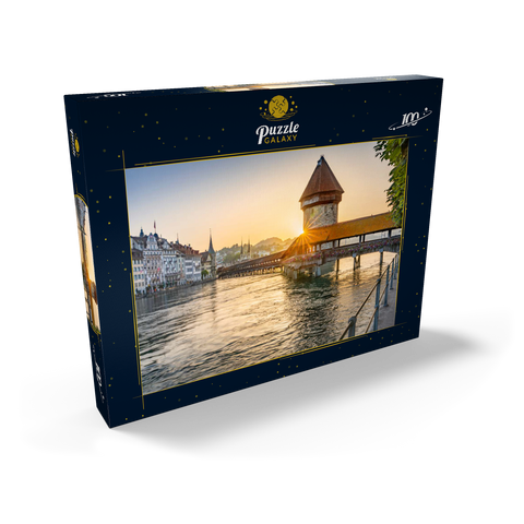 Kapellbrücke über die Reuss mit Wasserturm im Sonnenaufgang, Luzern, Kanton Luzern, Schweiz 100 Puzzle Schachtel Ansicht2