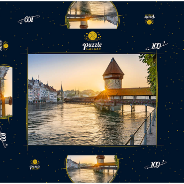 Kapellbrücke über die Reuss mit Wasserturm im Sonnenaufgang, Luzern, Kanton Luzern, Schweiz 100 Puzzle Schachtel 3D Modell