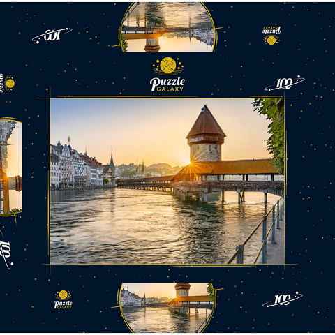 Kapellbrücke über die Reuss mit Wasserturm im Sonnenaufgang, Luzern, Kanton Luzern, Schweiz 100 Puzzle Schachtel 3D Modell
