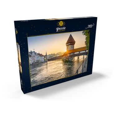 Kapellbrücke über die Reuss mit Wasserturm im Sonnenaufgang, Luzern, Kanton Luzern, Schweiz 200 Puzzle Schachtel Ansicht2