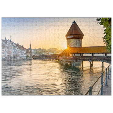 puzzleplate Kapellbrücke über die Reuss mit Wasserturm im Sonnenaufgang, Luzern, Kanton Luzern, Schweiz 500 Puzzle