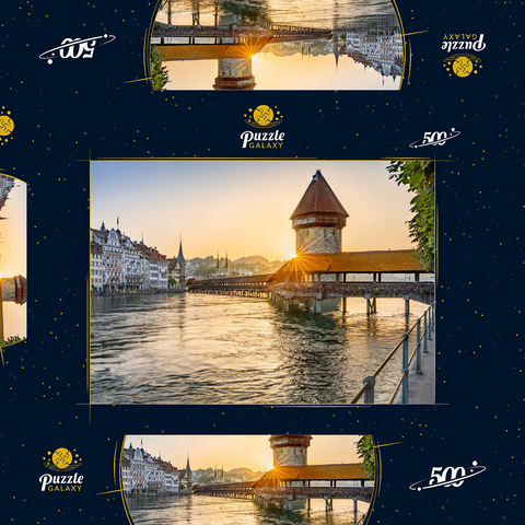 Kapellbrücke über die Reuss mit Wasserturm im Sonnenaufgang, Luzern, Kanton Luzern, Schweiz 500 Puzzle Schachtel 3D Modell