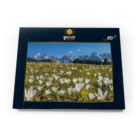 Krokuswiese am Geroldsee bei Gerold mit Blick zum Karwendelgebirge im Frühling 100 Puzzle Schachtel Ansicht3