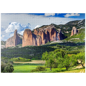 Darstellung des Puzzle-Motivs Felsformation Los Mallos de Riglos am Bergdorf Riglos in der Sierra de Loarre – Puzzleteile: 1000